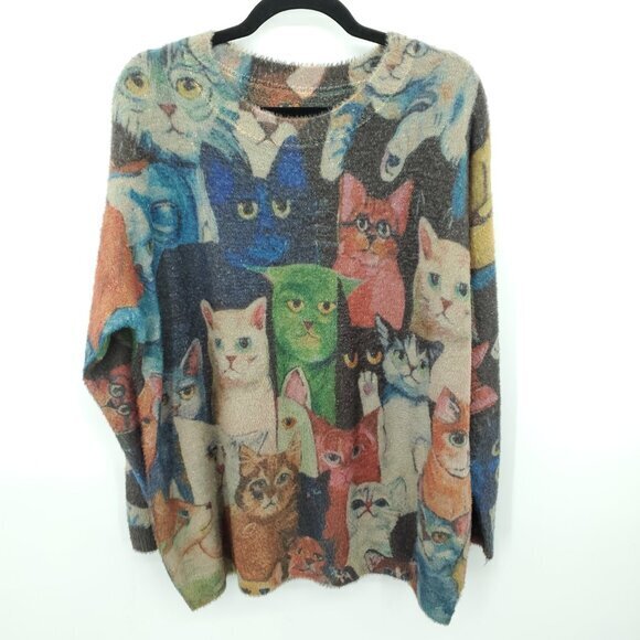 Cotton/Wool Oversized Cat Print Sweater OS Multicolor - Picture 1 of 16
